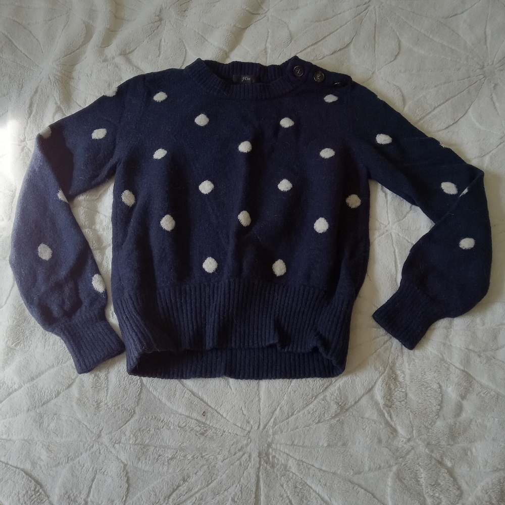 J Crew Navy Blue Polka Dot Sweater Marino Wool Alpaca Blend